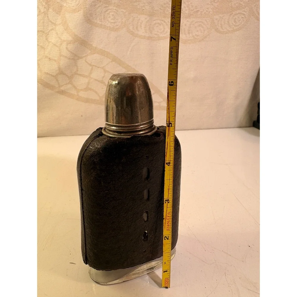 Antique Glass Hip Flask Leather Wrapped Metal Cup Cap Pocket Spirit Bottle 5.5in